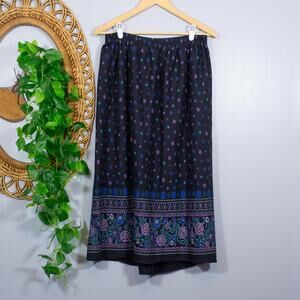 VTG Boho Floral Border Maxi Skirt Elastic Waist Folk Print | Dark Winter